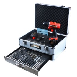 Perceuse sans fil 14,4V 1,3Ah Li-ion + malette 160 pièces alu
