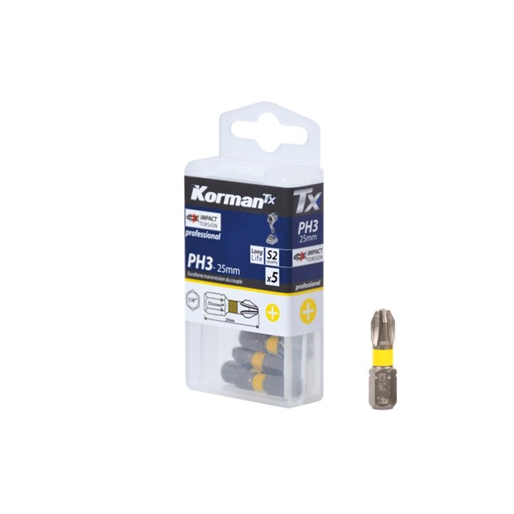 Jeu de 5 Embouts Cruciforme  Impact Torsion PH3 25mm KORMAN TX