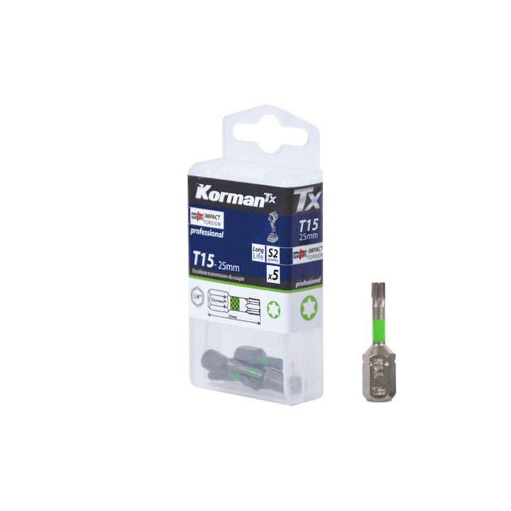 Jeu de 5 Embouts Torx Impact Torsion T15 25mm KORMAN TX