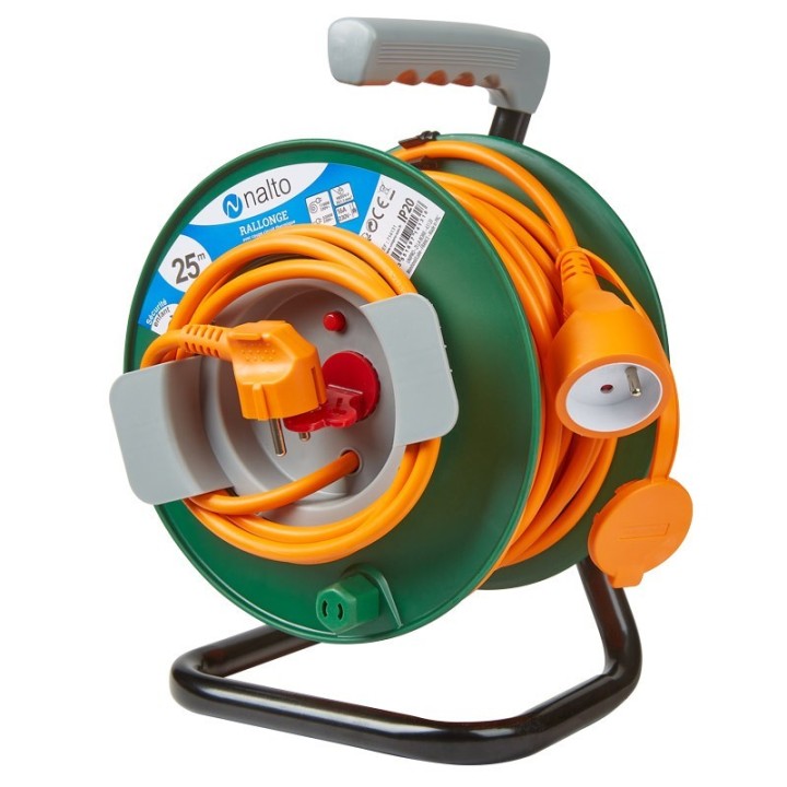 Enrouleur Jardin 25m Câble Orange 3G 1,5mm2 Avec Disjoncteur Thermique Avec Clapet Protection NALTO