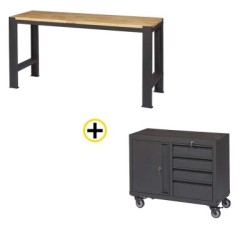 Pack établi avec plateau en bois d'Hévéa + servante d'atelier sur roues 4 tiroirs et 1 armoire FEROCE