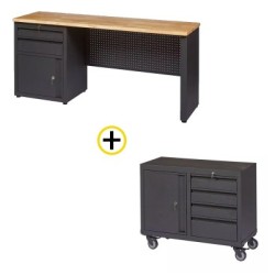 Pack établi avec rangements intégrés et plateau en bois d'Hévéa + servante d'atelier sur roues 4 tiroirs et 1 armoire FEROCE