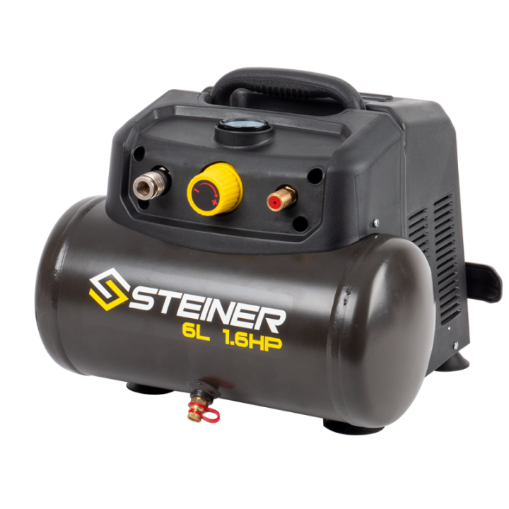Compresseur portable 6L 1.6CV sans huile STEINER + kit pneumatique 12 pièces
