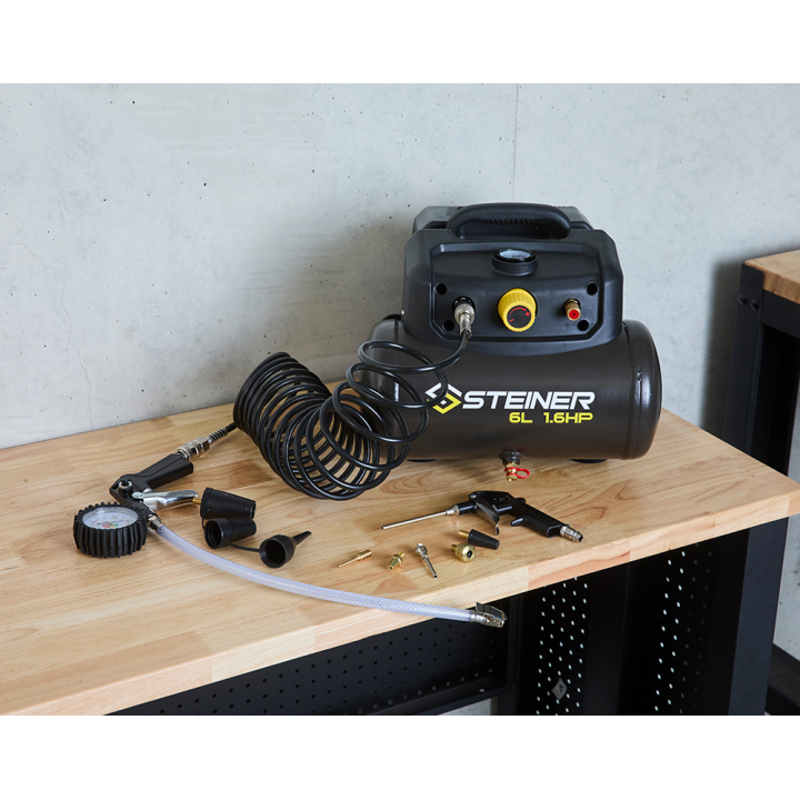 Compresseur portable 6L 1.6CV sans huile STEINER + kit pneumatique 12 pièces