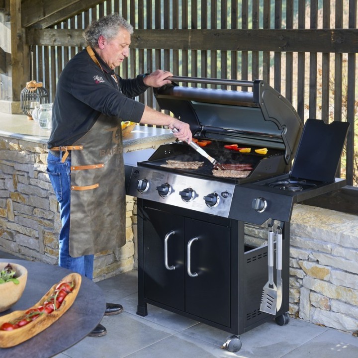 Barbecue Gaz ROSTER 5 brûleurs Dont 1 Latéral Avec Plancha et Grille de Cuisson Combinées