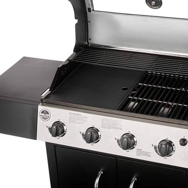 Barbecue Gaz ROSTER 5 brûleurs Dont 1 Latéral Avec Plancha et Grille de Cuisson Combinées