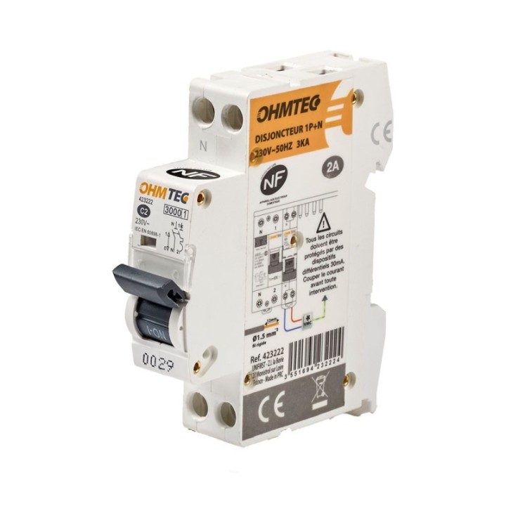 Disjoncteur 1P+N 2A 3kA NF OHMTEC