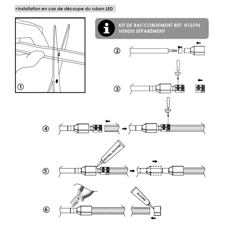 Kit de raccordement pour Ruban Led COB 230V IP65 12mm réf 812593 et réf 812594