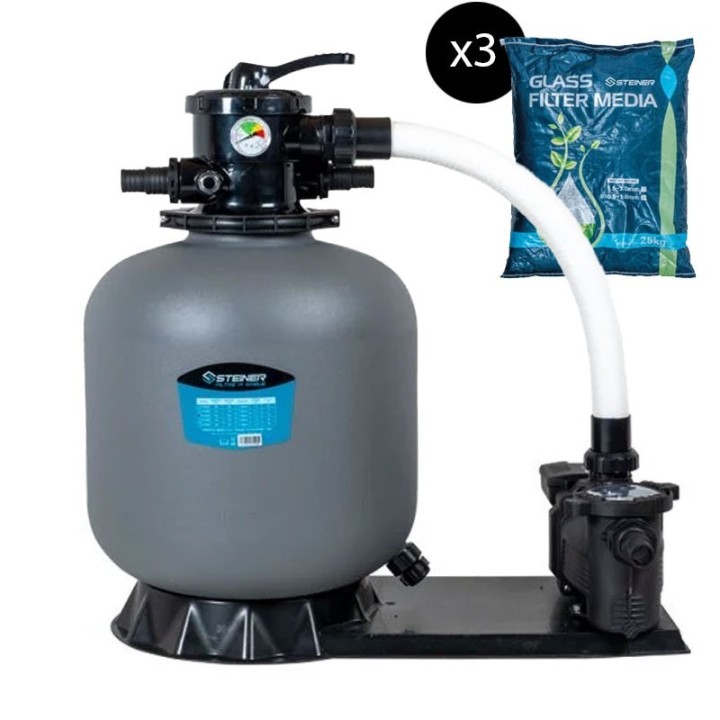 Groupe de filtration 0.75CV 14m³/h Ø535mm vanne Top 6 voies + Verre filtrant 0,5-1,0mm 3x25 Kg