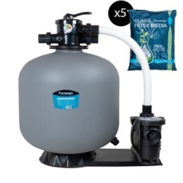 Groupe de filtration 1.5CV 22m³/h Ø635mm vanne Top 6 voies + Verre filtrant 0,5-1,0mm 5x25 Kg