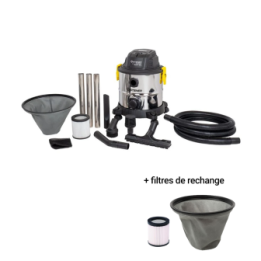 Aspirateur eau et poussières 20L inox 1200W sans sac + 2 filtres de rechange STEINER