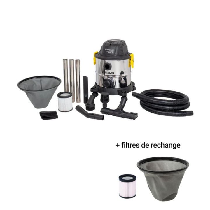 Aspirateur eau et poussières 20L inox 1200W sans sac + 2 filtres de rechange STEINER