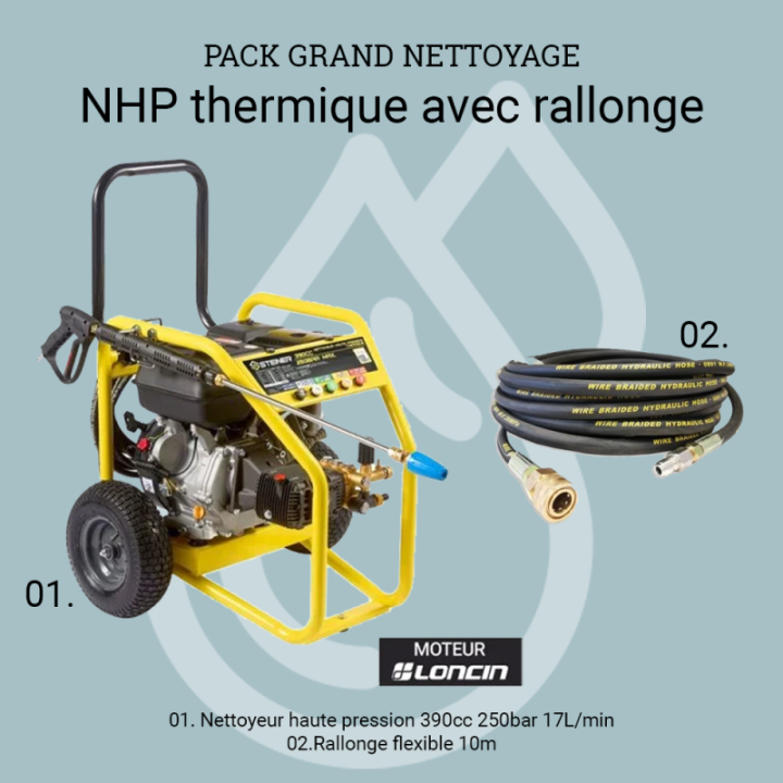 Pack nettoyeur haute pression thermique 390cc 250 bar + rallonge 10m STEINER
