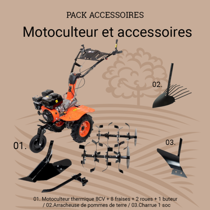 Motoculteur motobineuse thermique essence 8CV - 223cc à engrenages + 8 fraises + 2 roues + buteur + charrue + arracheuse