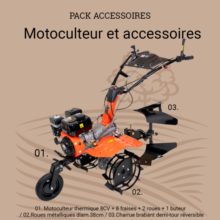 Motoculteur motobineuse thermique essence 8CV - 223cc à engrenages + charrue brabant + 2 roues métalliques
