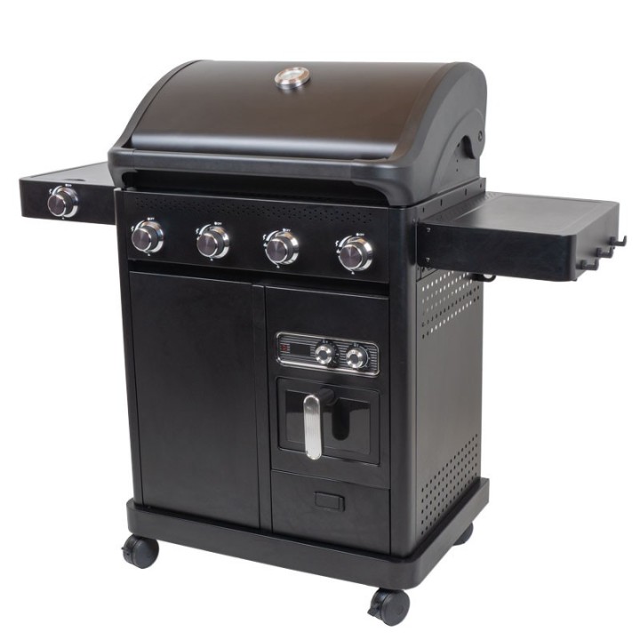 Barbecue gaz ROSTER 5 brûleurs dont 1 latéral avec plancha et grilles de cuisson combinées + Air Fryer 6L 1700W