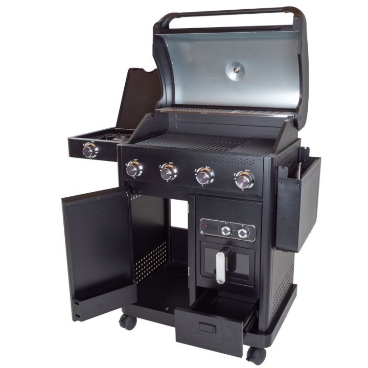 Barbecue gaz ROSTER 5 brûleurs dont 1 latéral avec plancha et grilles de cuisson combinées + Air Fryer 6L 1700W