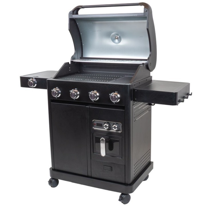 Barbecue gaz ROSTER 5 brûleurs dont 1 latéral avec plancha et grilles de cuisson combinées + Air Fryer 6L 1700W