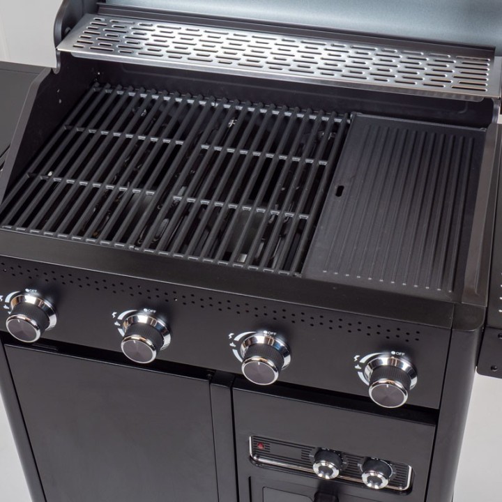 Barbecue gaz ROSTER 5 brûleurs dont 1 latéral avec plancha et grilles de cuisson combinées + Air Fryer 6L 1700W