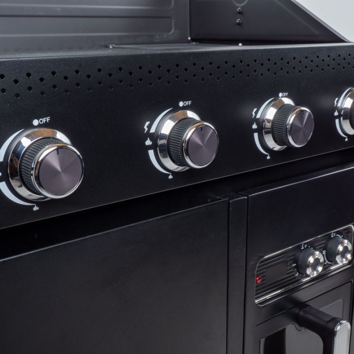 Barbecue gaz ROSTER 5 brûleurs dont 1 latéral avec plancha et grilles de cuisson combinées + Air Fryer 6L 1700W