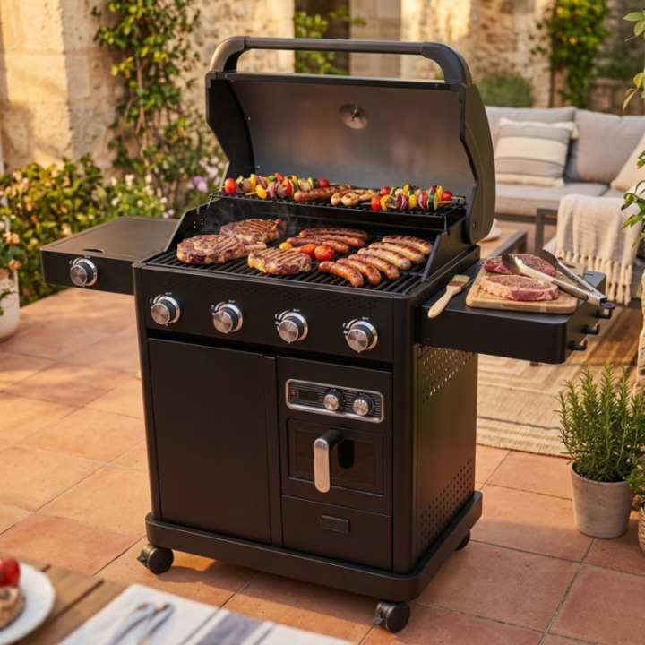 Barbecue gaz ROSTER 5 brûleurs dont 1 latéral avec plancha et grilles de cuisson combinées + Air Fryer 6L 1700W