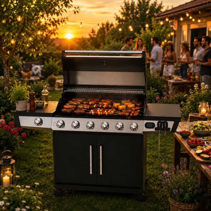 Barbecue gaz ROSTER 7 brûleurs dont 1 latéral avec planchas et grilles de cuisson combinées
