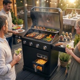 Barbecue gaz 5 brûleurs + Air Fryer 6L 1700W - BBQ plancha et grilles de cuisson combinées ROSTER
