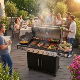 Barbecue gaz 7 brûleurs dont 1 latéral avec planchas et grilles de cuisson combinées ROSTER 